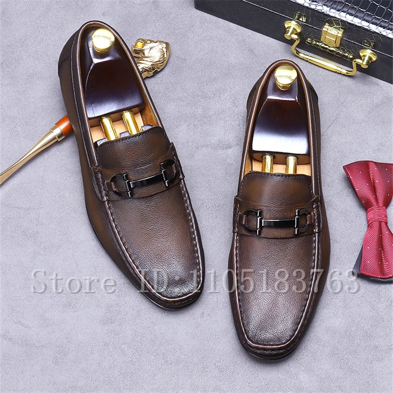 Luxury Genuine Leather Men Loafers Square Toe Metal Buckle Handcrafted Slip-On Dress Shoes for Formal Occasions