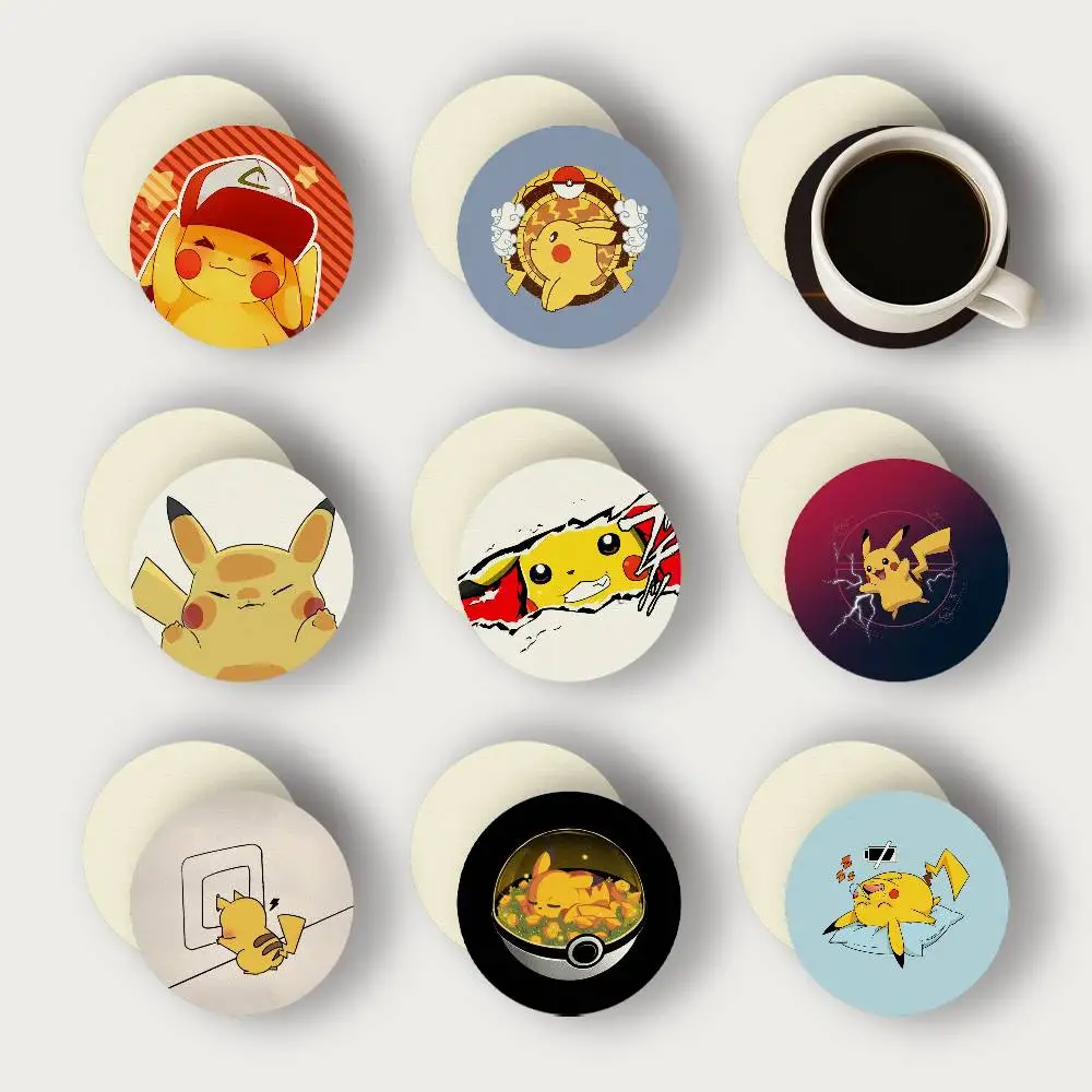 Cartoon P-Pikachu 2D Wooden Coasters Heat Resistant Non-Slip Home Office Bar Cafe Restaurant Holiday Birthday Gift Durable