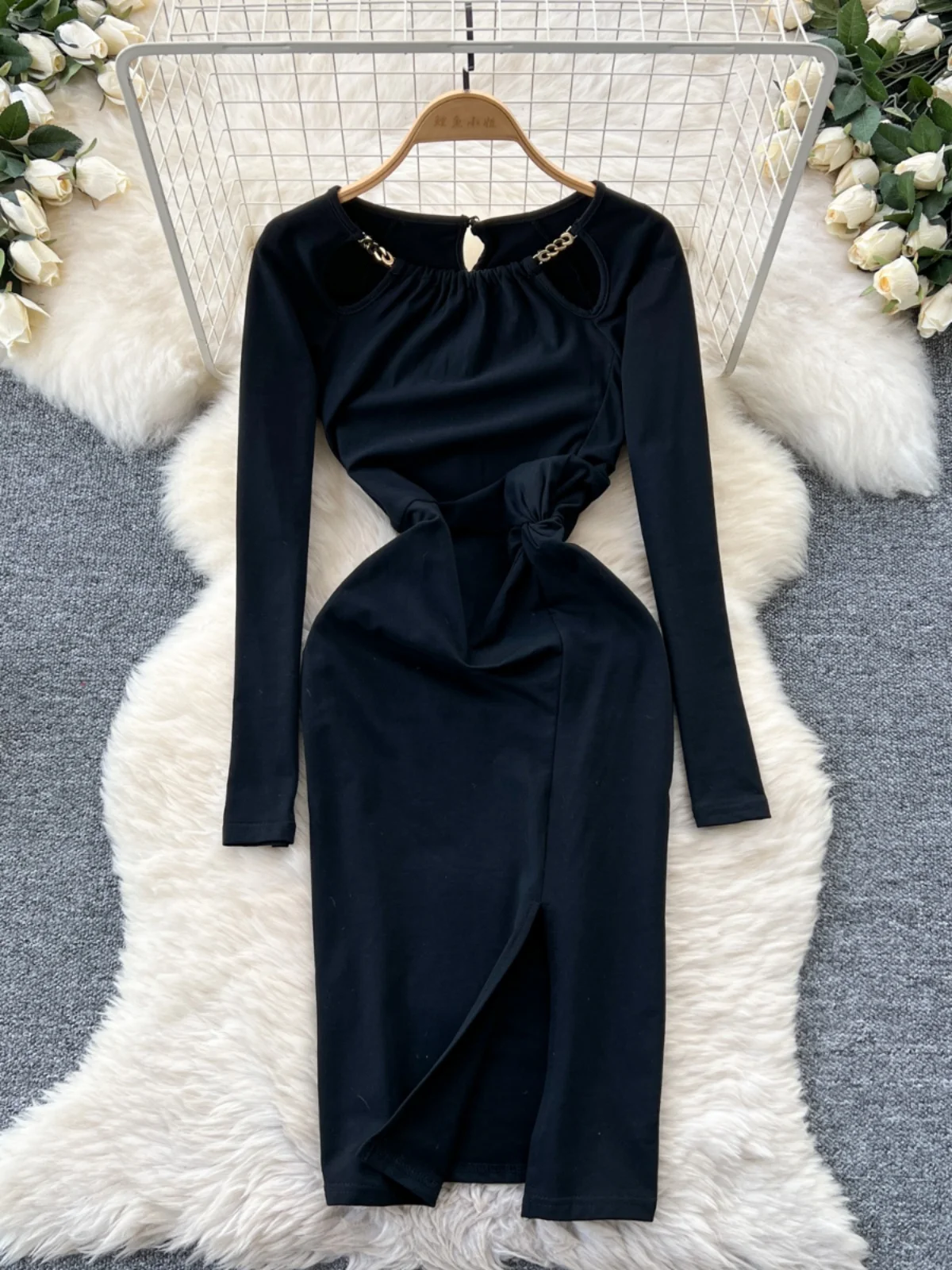 Ofallsis High Cold Princess Style Sexy Hollow Chain Hanging Neck Long Sleeved Dress Waist Cinched Slim Fit Slit Bottom Dresses