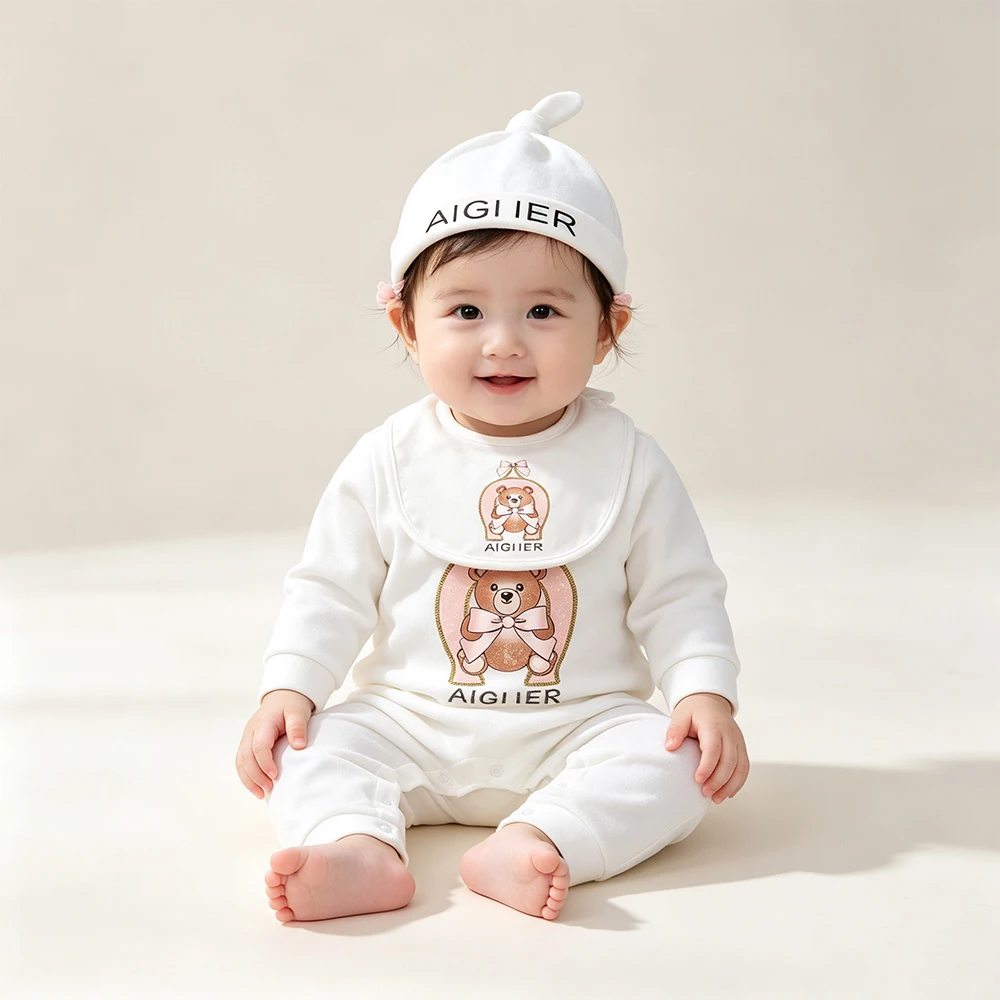 Popular baby clothing, jumpsuit, newborn clothing, autumn new style, hat, bib, scarf set, girls' long sleeved jumpsuit