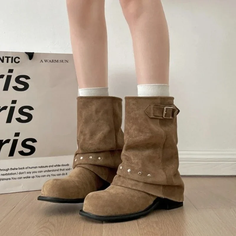 

Winter Pleated Women Western Ankle Boots Fashion Rivet Belt Buckle Shoes Ladies Concise Vintage Thick Heel Short Booties