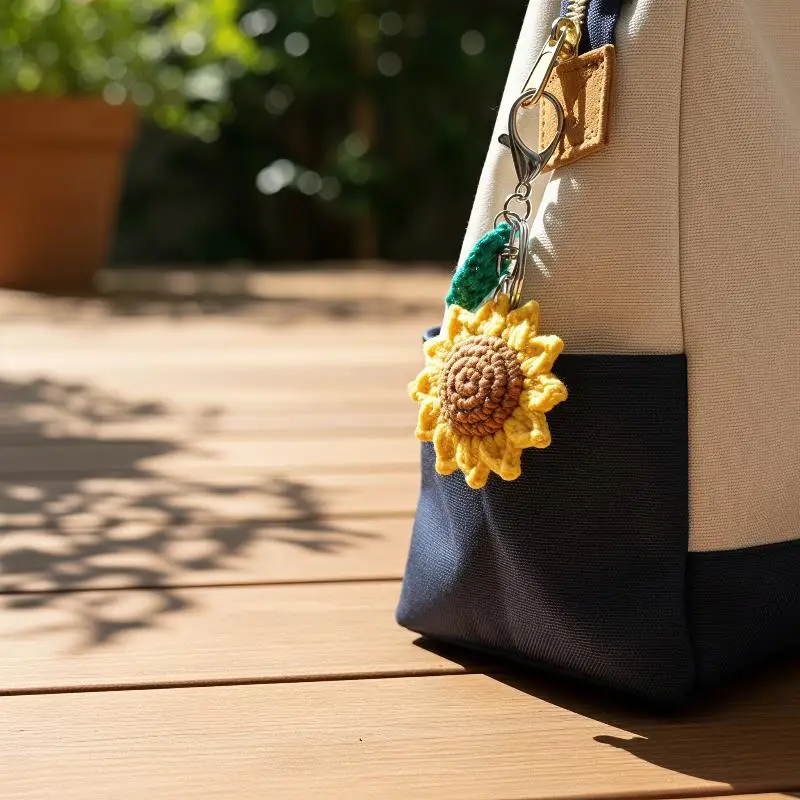 Handgefertigter Häkel-Sonnenblumen-Schlüsselanhänger mit grünem Blatt-Anhänger zur Rucksackdekoration, täglicher Gebrauch, Geschenk für Sonnenblumen-Fans – Detail 5