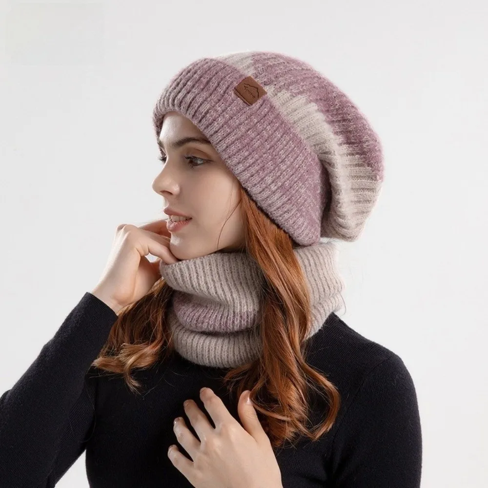 Gorro de invierno suave, conjunto de bufanda, gorro de punto térmico grueso de diseño elegante, protección térmica con forro polar, gorro de lana cálido para esquiar