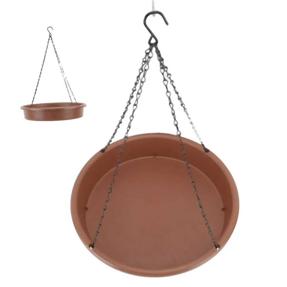 1 set of 2 Round Shape Hanging Bird Bath Iron Chain Wide Shallow Bowl Hanging Bird Feeder Plastic Rust Prevention Coating