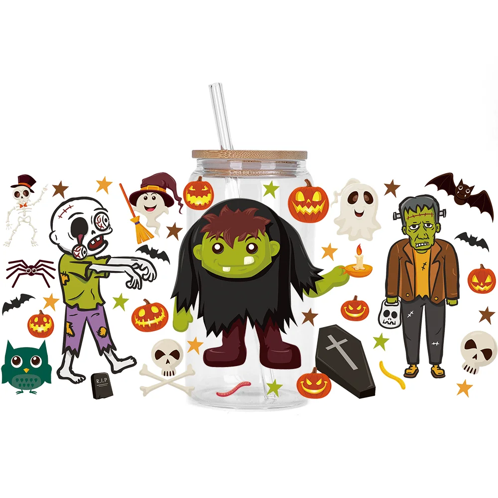 

Halloween series Easy peel waterproof DIY Decals 3D transfers uvdtf crystal stickers 16oz uv dtf cup wraps for Glasses