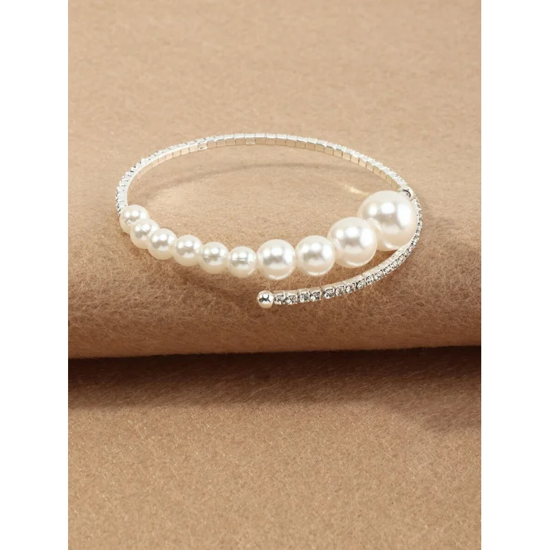 1pc Fresh & Elegant Diamond Inlaid Faux Pearl Open Ended Adjustable Bracelet