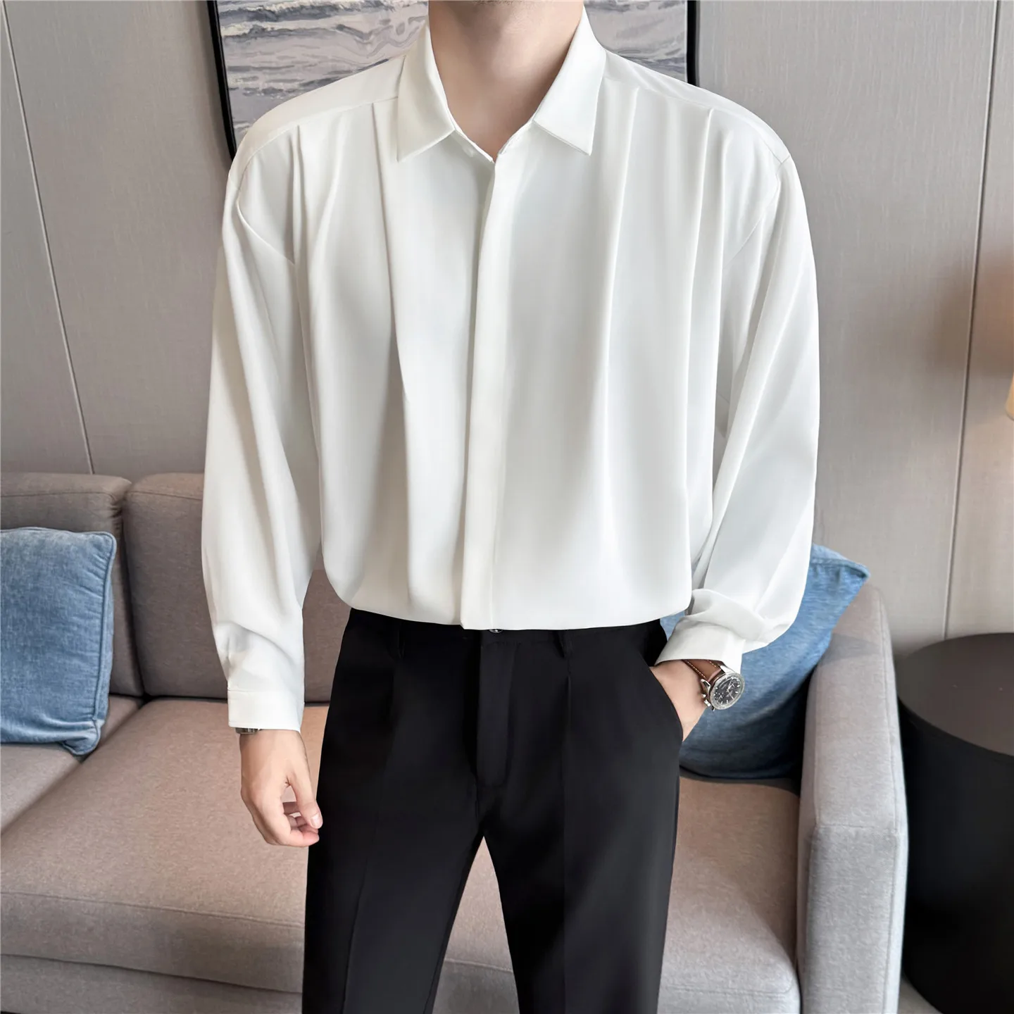 High Quality Loose Pleated Shirt for Men Solid Color Long Sleeved Casual Shirt Versatile Business Social Streetwear Shirts 2025