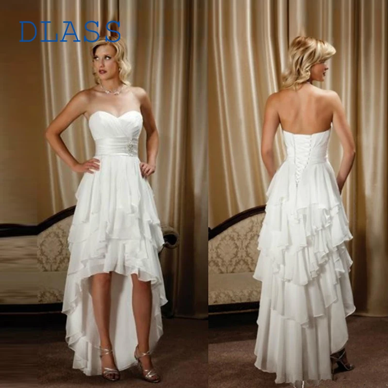 

High Low Beach Backless Wedding Dresses Sweetheart Neck A Line Sleeveless Tiered Skirt Chiffon Hi-Lo Charming Bridal Gowns 2024