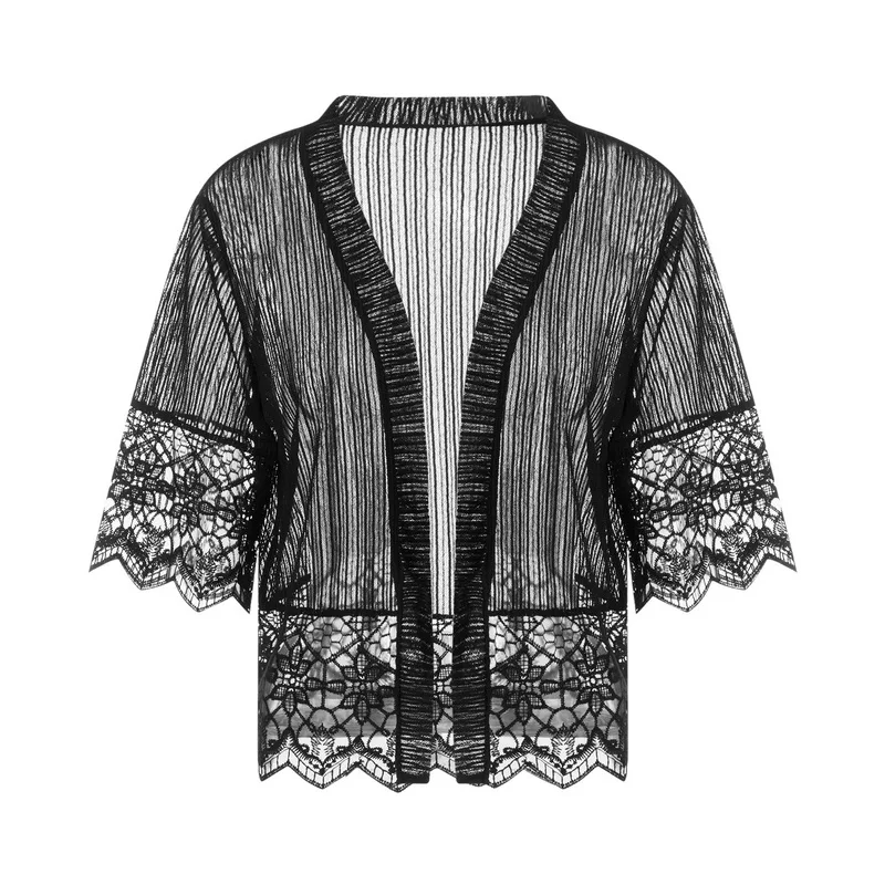 Women Lace Cardigan Shrug Crochet Knitted Short Sleeve Mesh Sheer Open Front Lace Patchwork Bolero Cover Up