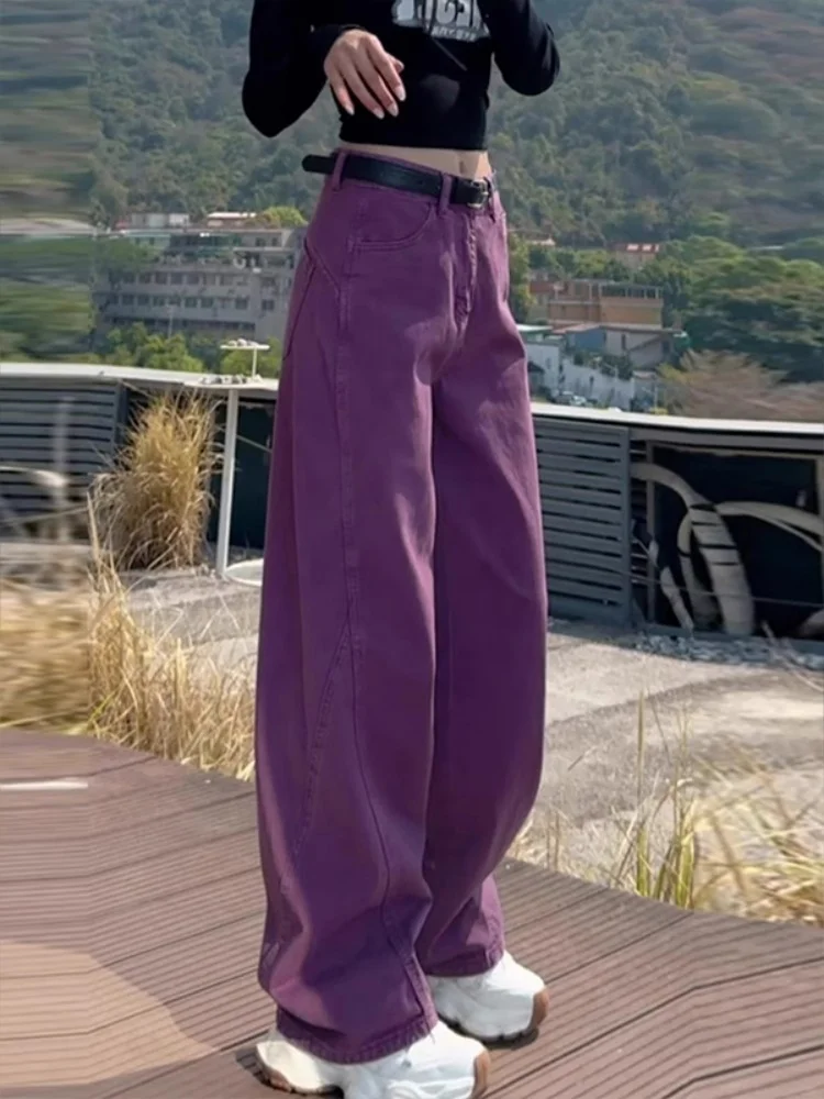 Spodnie jeansowe plus size w kolorze fioletowym, luźne, z wysokim stanem, wyszczuplające, proste nogawki, codzienne, wygodne, dżinsowe, jesienne modne.