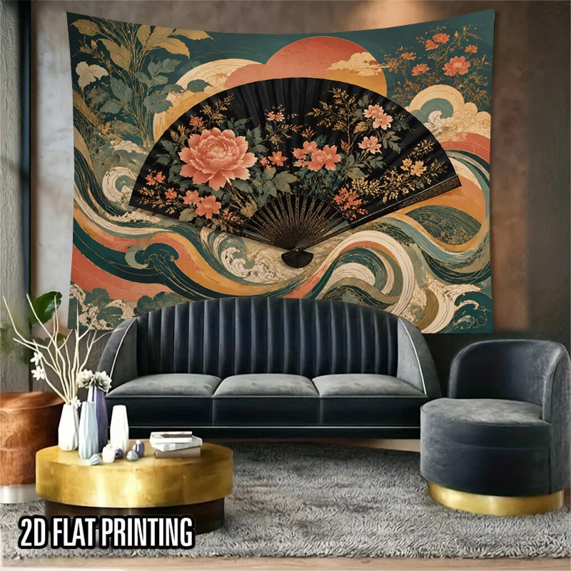 Oversized Vintage Floral Fan Tapestry Boho Ocean Wave Wall Hanging Polyester Print Asian Peony Art Room Decor Backdrop Decoratio