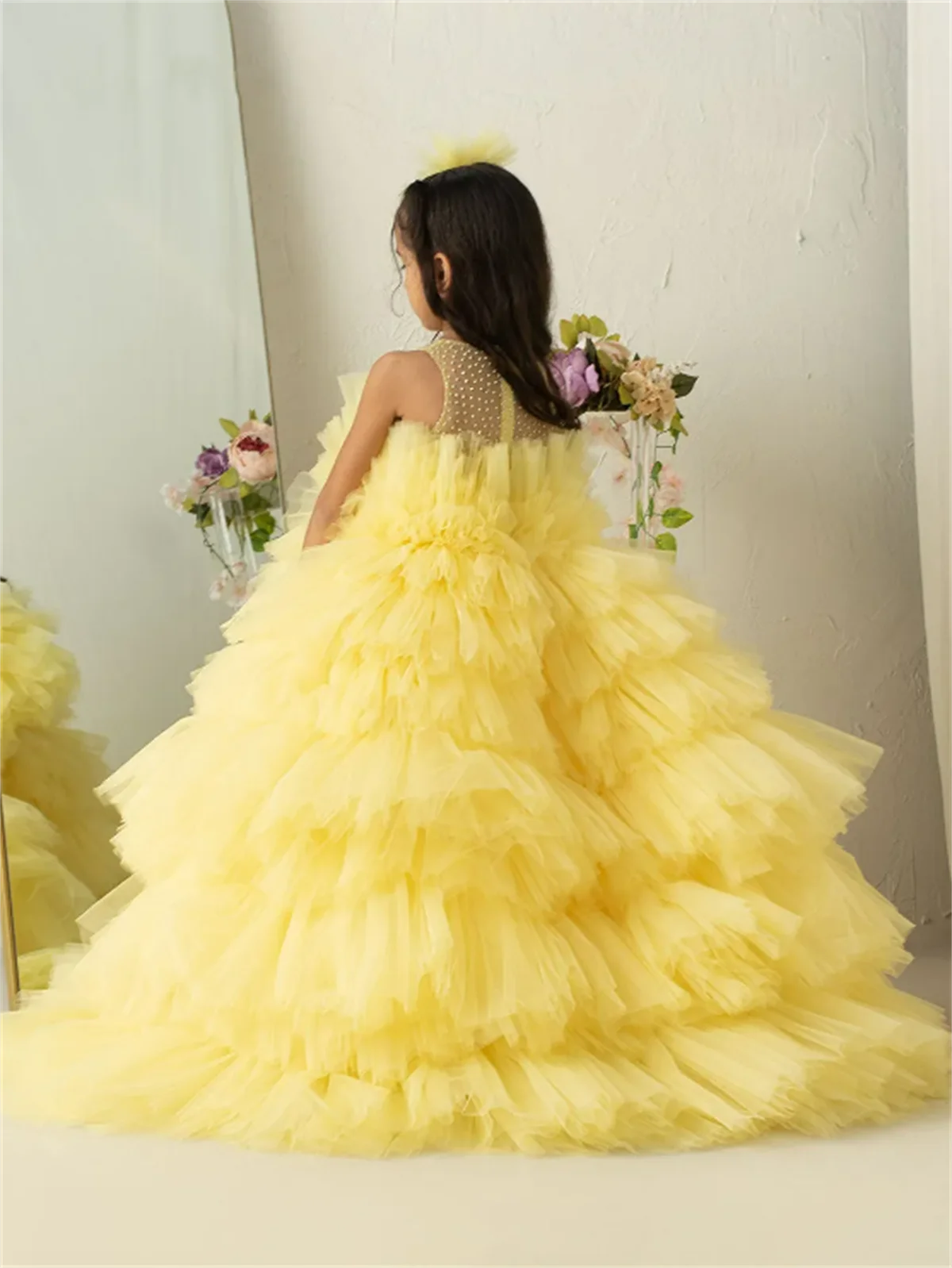 Flower Girl Dress Yellow Fluffy Trailing Butterfly Applique Lace Wedding Cute Little Flower Children Communion Ball Party Dress