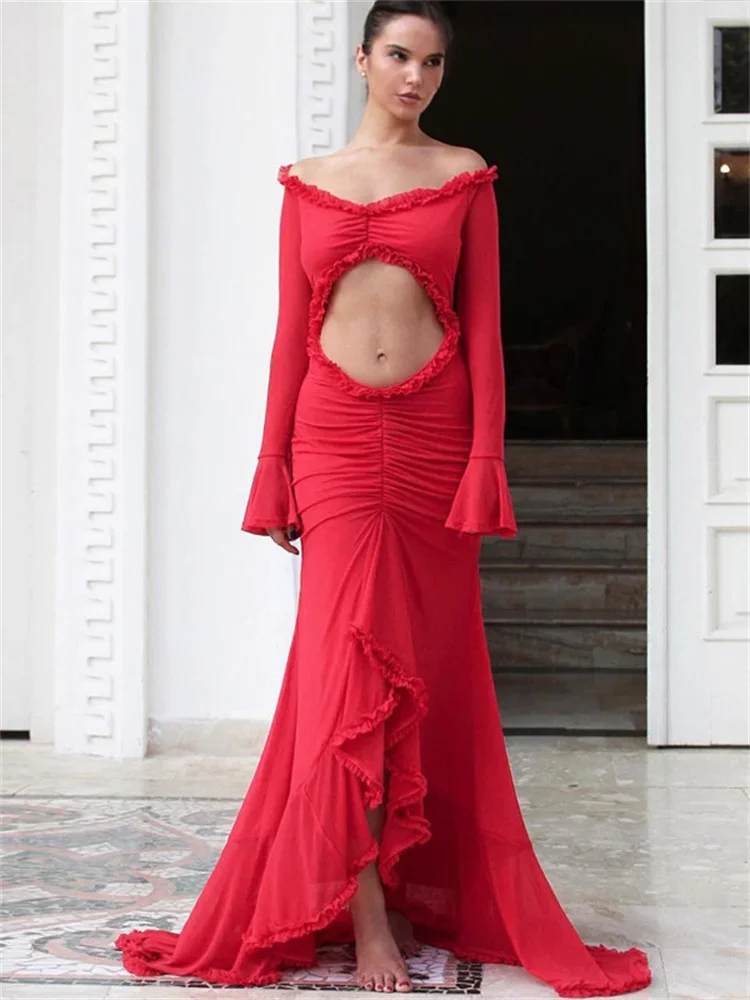 

Hollow Out Sexy Ruffled Long Dress Female See-Through Long Sleeve Backless High Waist Slim Gown Ladies Mesh Autumn Dress