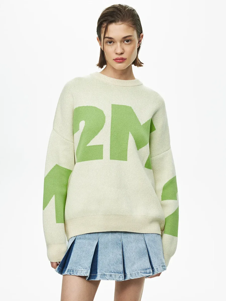 Letter Sweater Knitted Fashionable and Versatile Contrasting Color Temperament Round Neck Loose Letter Sweater