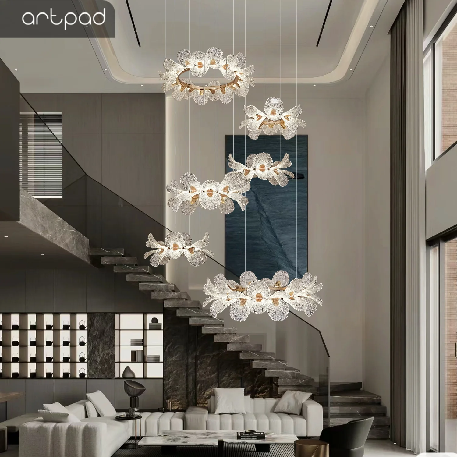 

Duplex Staircase French Flowers Chandelier for Living Room Vila Luxury Designer Carving Pendant Light Chandeliers High Ceiling