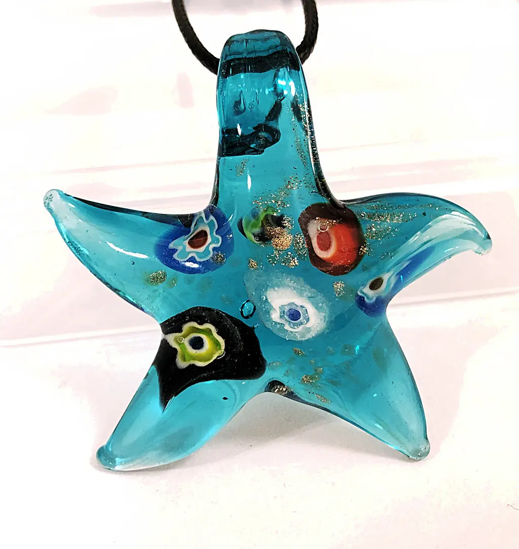 1pc Creative Painting Art Starfish Interior Flower Glass Pendant Necklace with Multiple Colors Available: Red, Blue, Purple, Dee