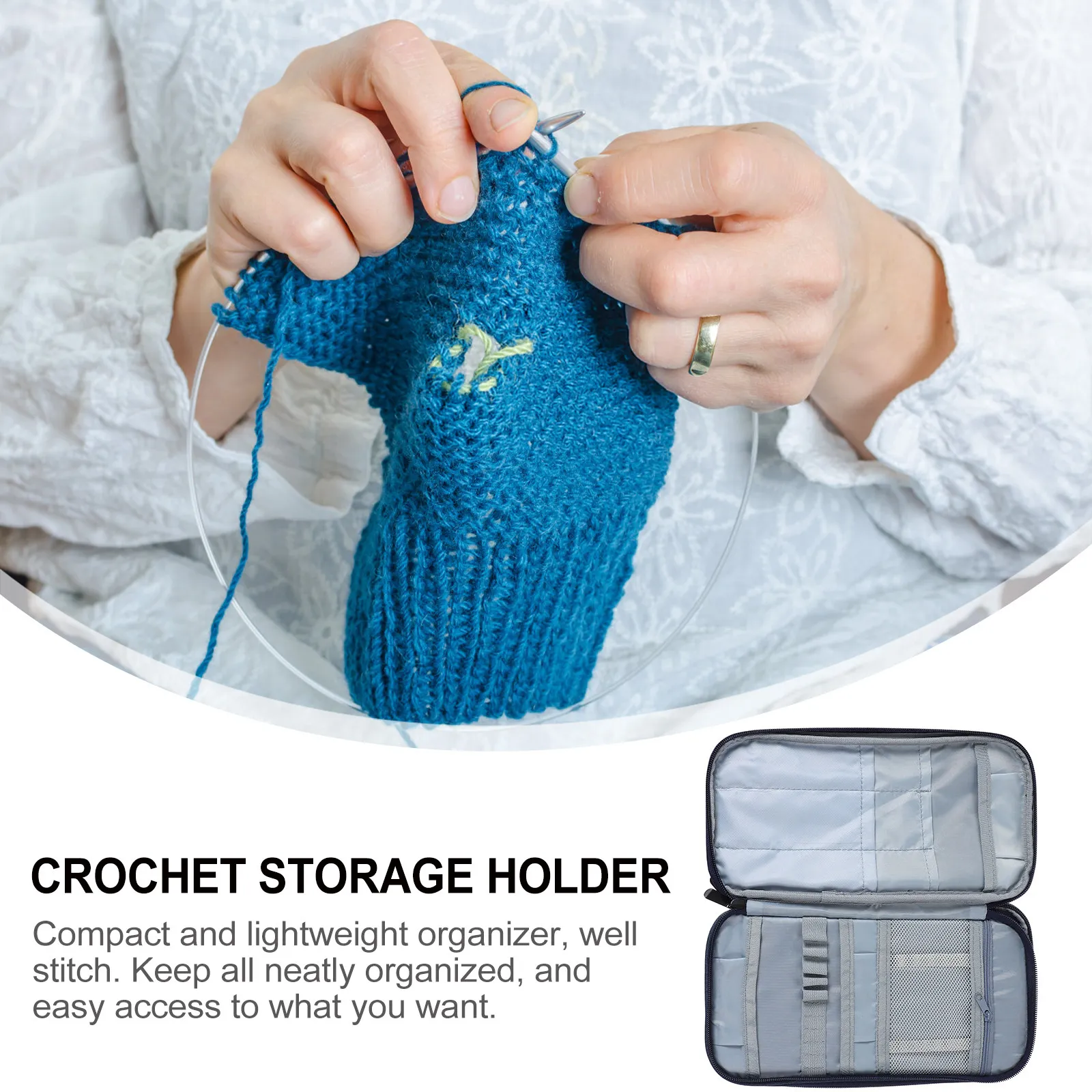 

Knitting Needles Organizer 600D Waterproof Oxford Cloth Crochet Storage Pouch Zipper Closure for Travel Crafting Dark Blue