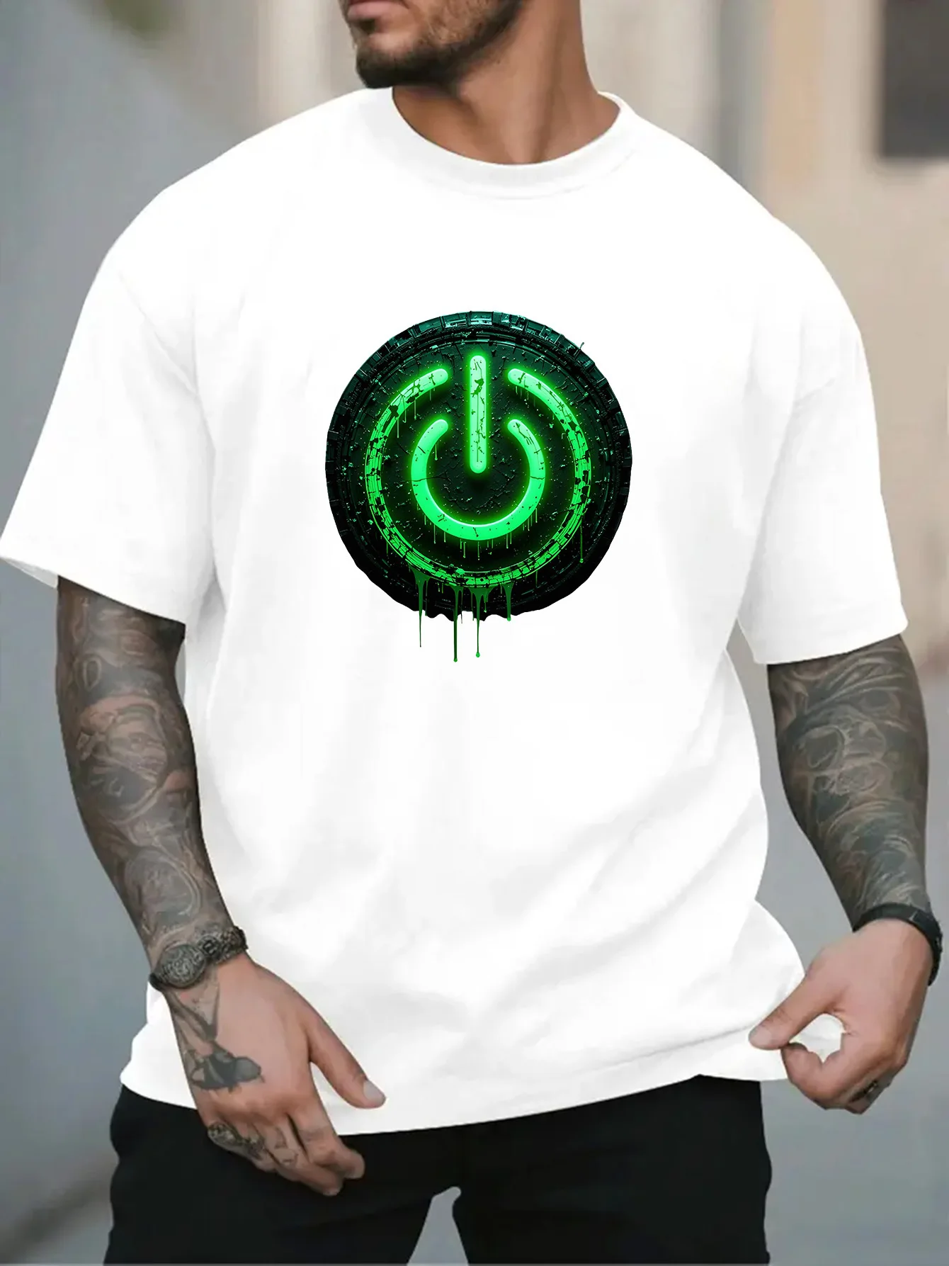 Male Black Round Neck T Shirt Grunge Melting Neon Green Power Symbol Circuit Circle Futuristic Gaming Daily Light Cotton Tees