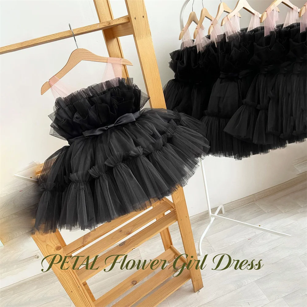 

Petal Black First Communion Gown Spaghetti Strap Girls Princess Dress with Waist Bow Gathered Evening Party Dress for Girls