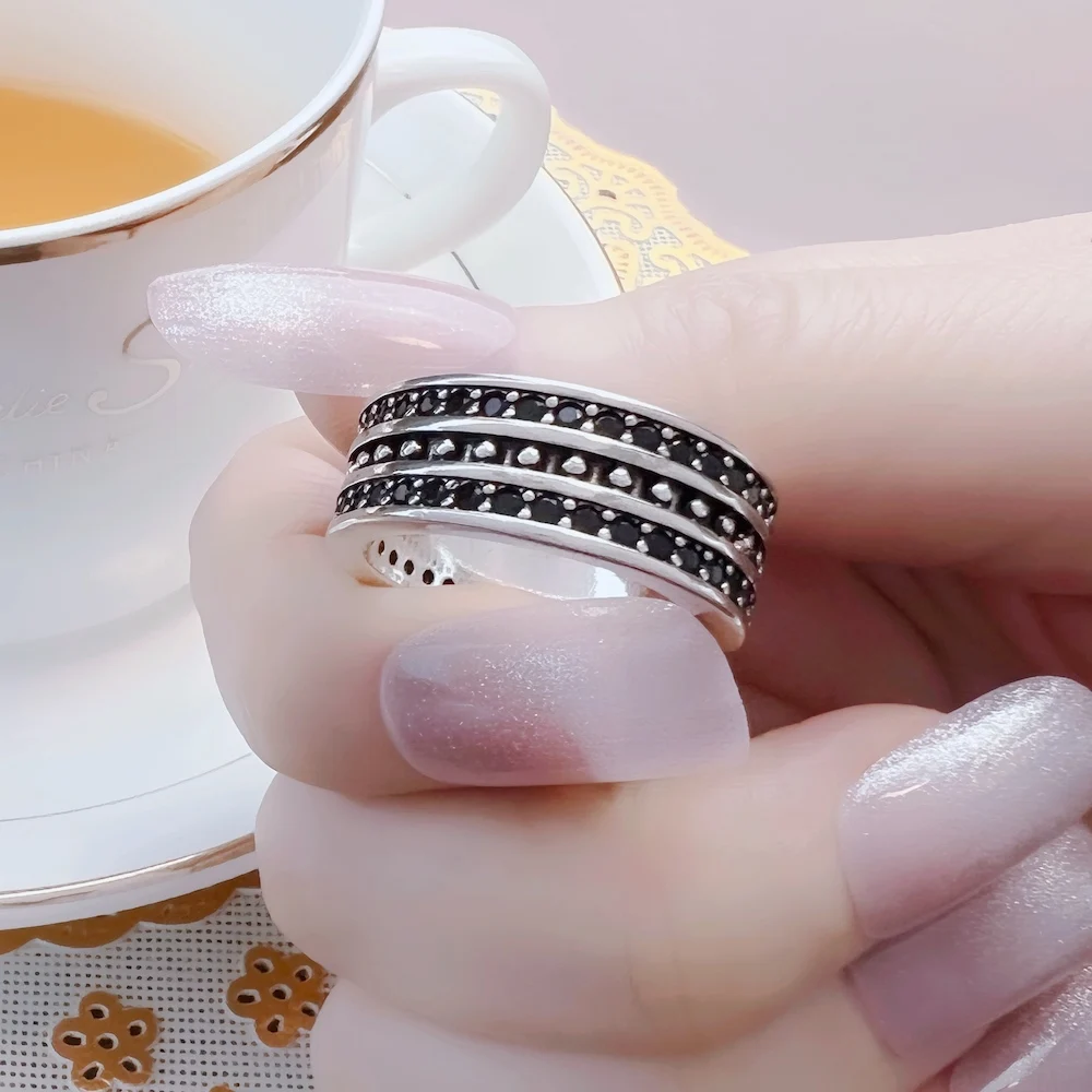 Band Ring Black CZ Pave Europe Style Vintage Jewelry Fine Jewerly For Women Men Gift In 925 Sterling Silver
