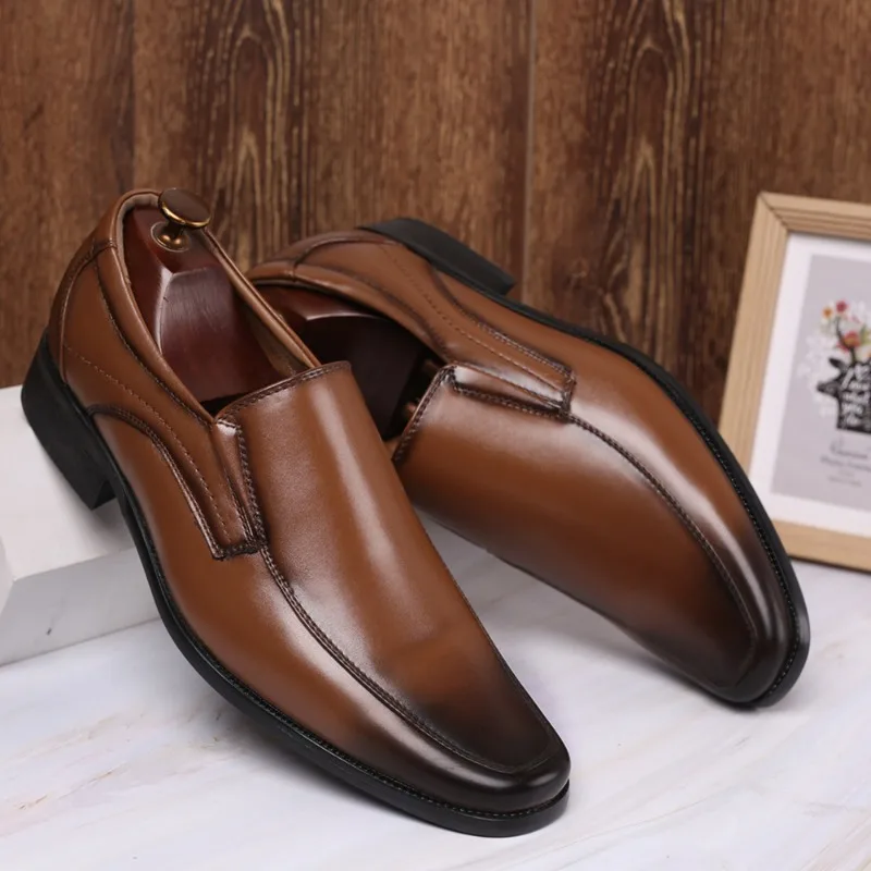 Men Large‑size Square‑toe Slip‑on Business Dress Shoes 2026 All‑season PU Upper Rubber Sole Formal Footwear Black Dark Brown