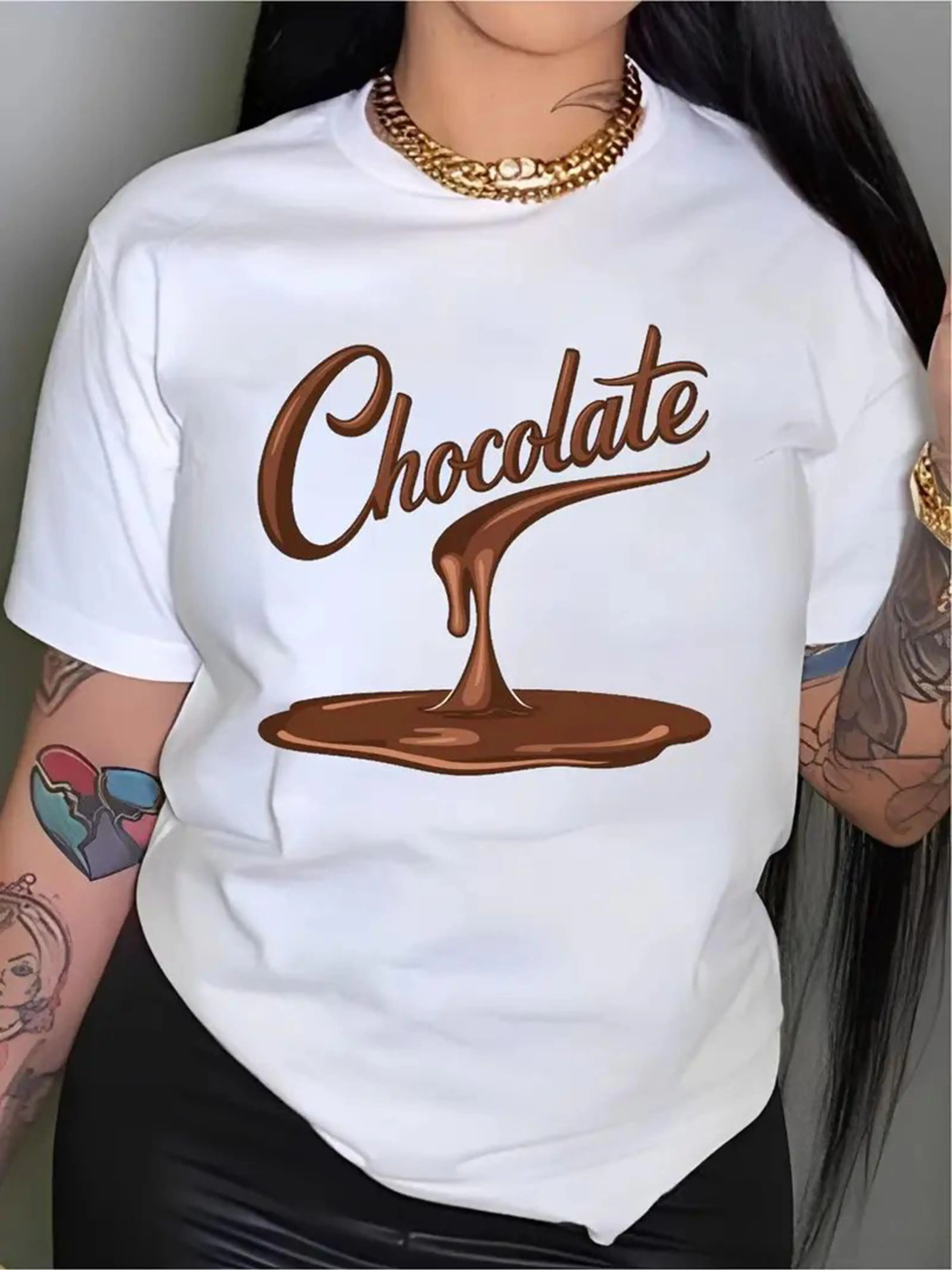 

Women's Casual T-Shirt with Chocolate Graphic Print - Short Sleeve, Round Neck, Soft & Comfortable Fabric