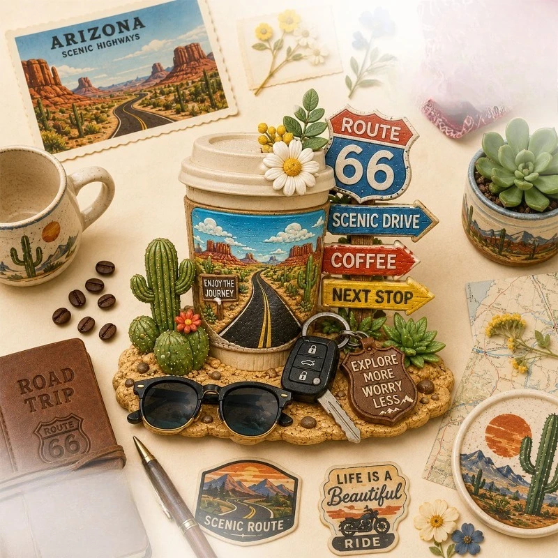 Route 66 Coffee Desert Fridge Magnet - Wanderlust 3D American Souvenir Unique Road Trip Gift for Travel & Rustic Decor