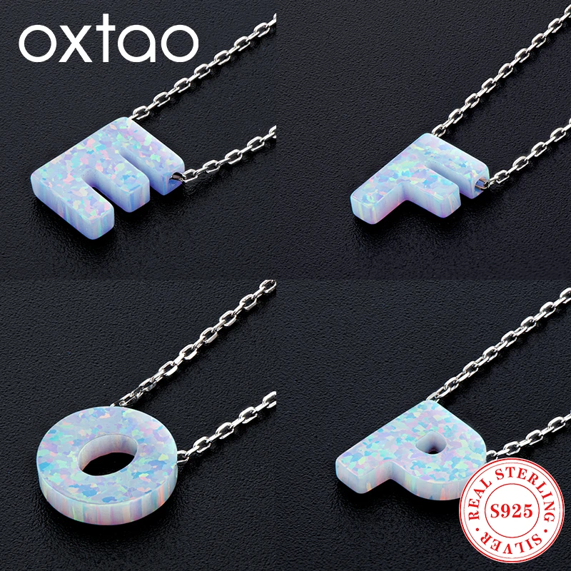 

OXTAO Synthetic Opal 26 Letters Gemstone Pendant Necklace For Women 925 Sterling Silver Initial Pendant Birthday Party Jewelry