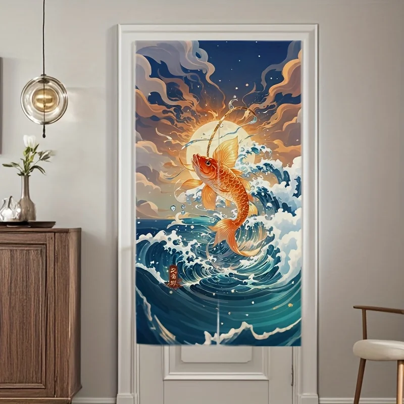 [Cortina de puerta [2D] Tapiz de pared con diseño de pez Koi y puesta de sol en el océano de estilo japonés, estampado artístico azul y naranja vibrante, tela de punto moderna