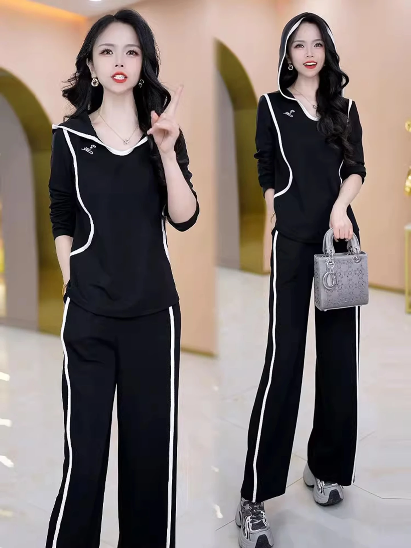 

Модный женский комплект с капюшоном и длинными рукавами, осенний новый повседневный костюм из двух предметов: брюки с широкими штанинами, дышащий полиэстер