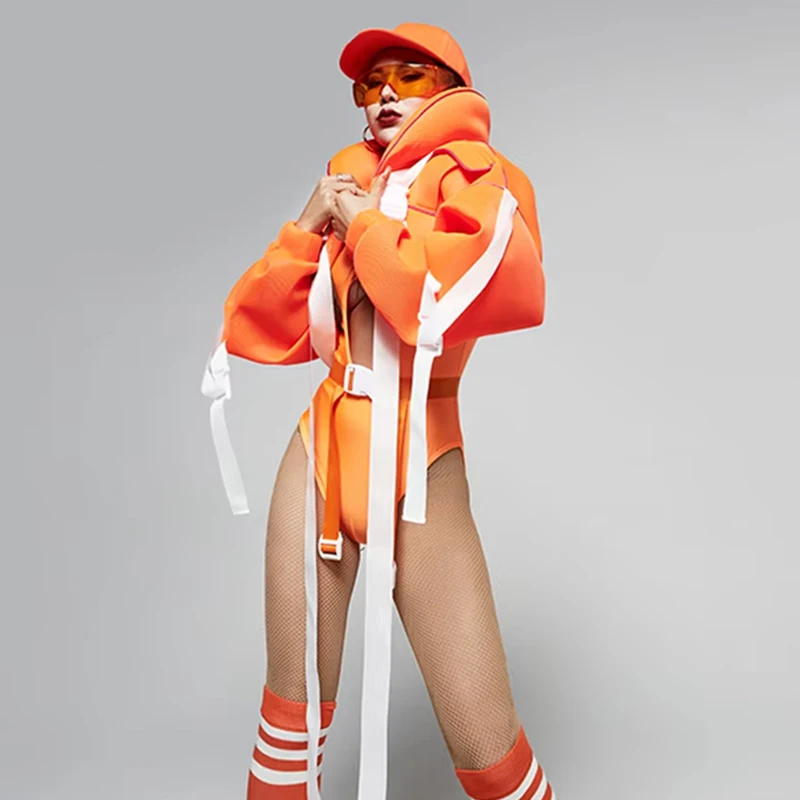 Sexy Gogo Dancer Costume Jazz Hip Hop Dance Suit Nightclub Dj Ds Clothing Party Show Rave Outfit Orange Jacket Bodysuit