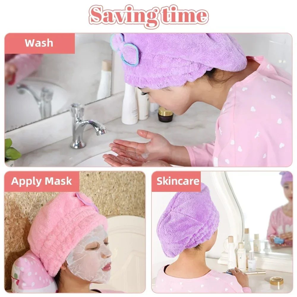 หมวกคลุมอาบน้ำไมโครไฟเบอร์ผ้าเช็ดหัวเร็วหมวกผ้าขนหนูผูกโบว์สำหรับสปาอุปกรณ์เสริมในห้องน้ำหมวกคลุมอาบน้ำแฟชั่นสำหรับผู้หญิง