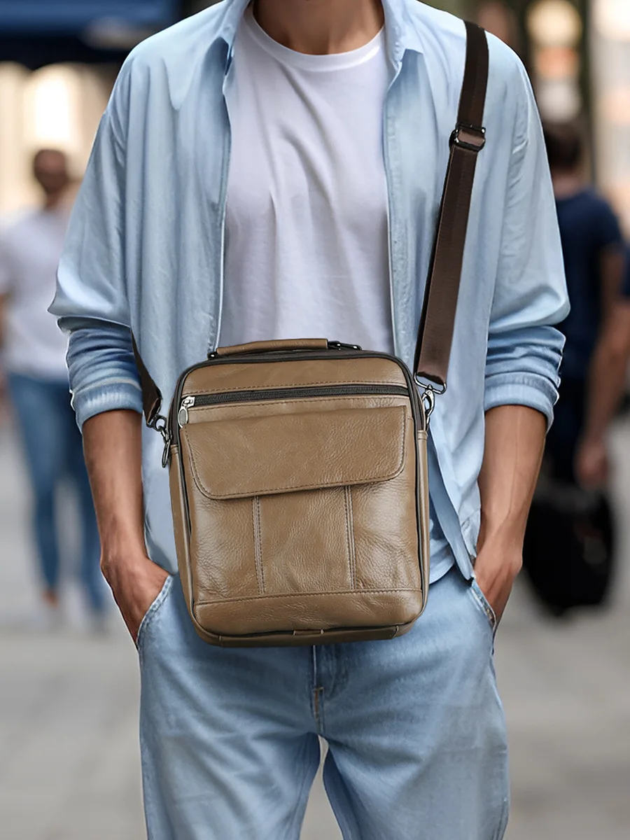 Genuine Leather Men Shoulder Bag Messenger Bag Casual Zipper Pocket Handbag Fashion Tote Travel Male Business Man Crossbody Bag