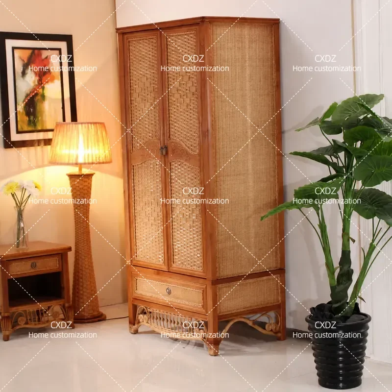 Natural Rattan Wardrobe Double Door Sliding Door Bedroom Storage  Closet Furniture