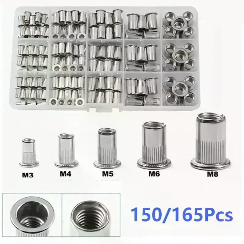 150Pcs 165Pcs Rivet Nut Assortment Kit M3-M12 Threaded Insert Nuts Flat Head Rivnut Set For Metal Plate Repair Hardware Kit
