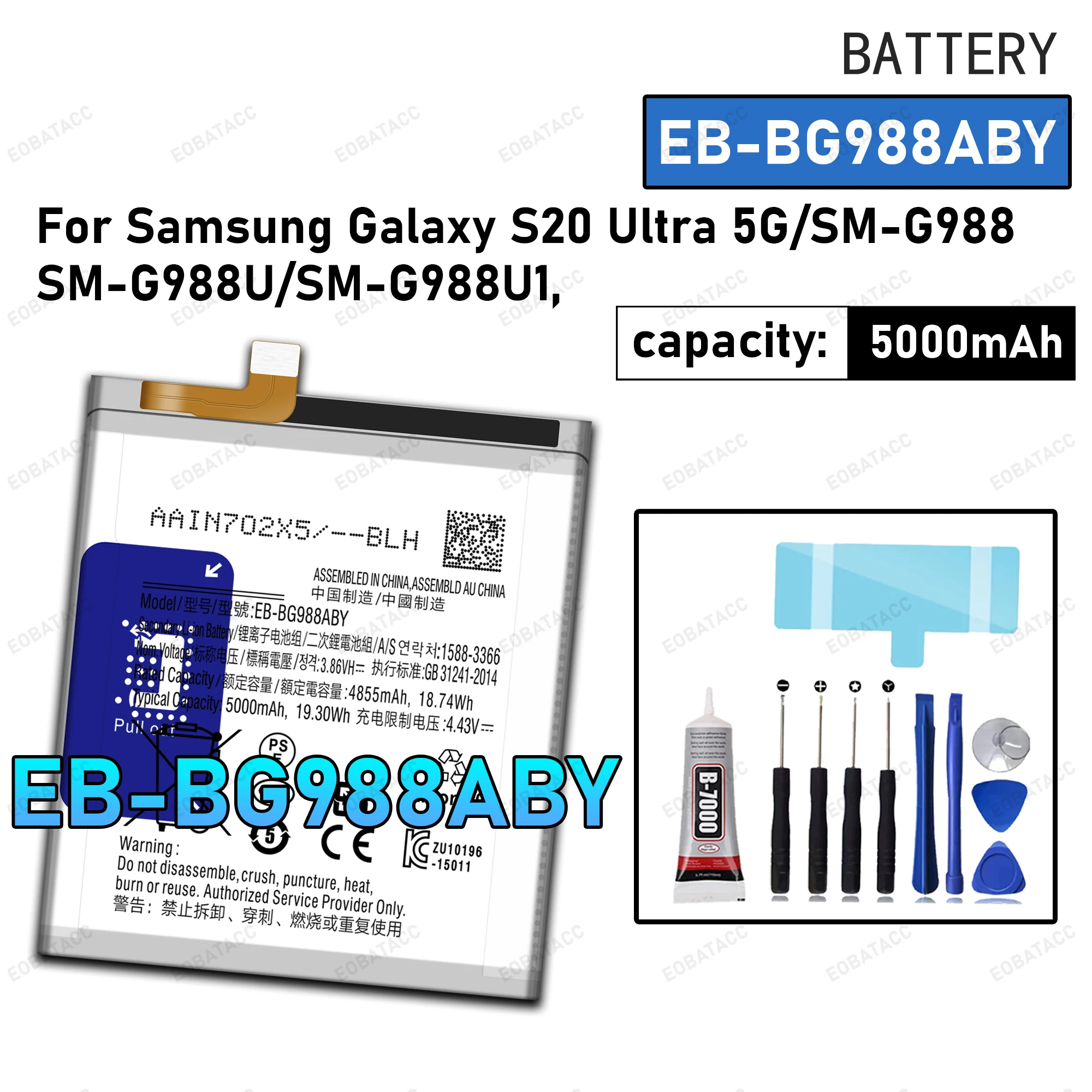 

100% New Zero Cycle EB-BG988ABY Battery For Samsung Galaxy S20 Ultra 5G/SM-N988/SM-G988U Phone Replacement Bateria +Free Tools