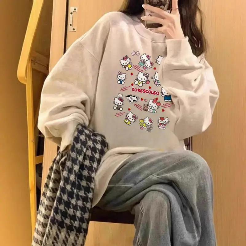 Kawaii مرحبا كيتي الطازجة لطيف النمط الأمريكي الرجعية ربيع الخريف كلية كل مباراة إضافة المخملية هوديي طويلة الأكمام تي شيرت فتاة