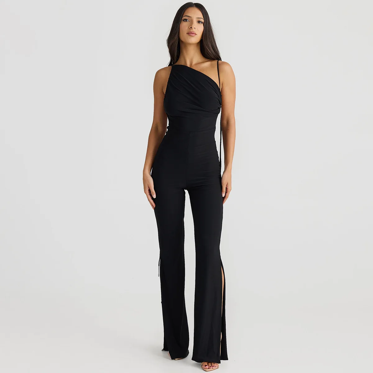 Jumpsuit Solid tanpa lengan Backless seksi Jumpsuit celana panjang Split Halter berenda Wanita Jumpsuit panjang longgar elegan