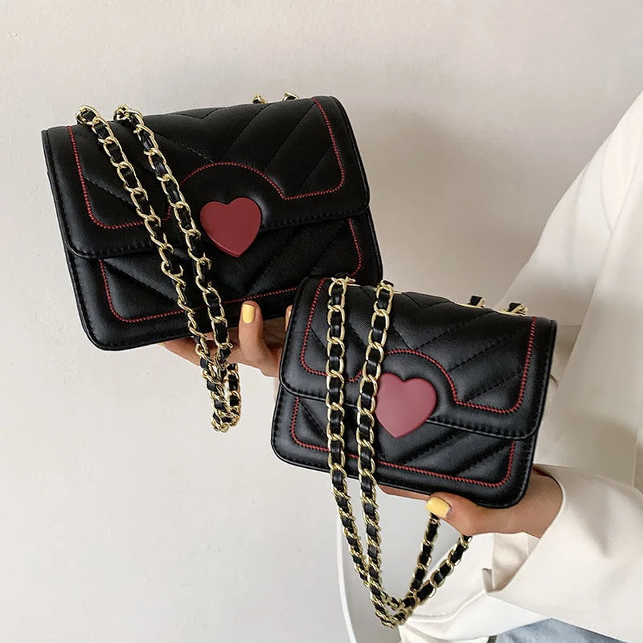 Cute Shoulder Bag Women Kawaii Heart Quilted Bag With Chain Female Luxury Designer Handbag PU Leather Crossbody Pouch Wallet