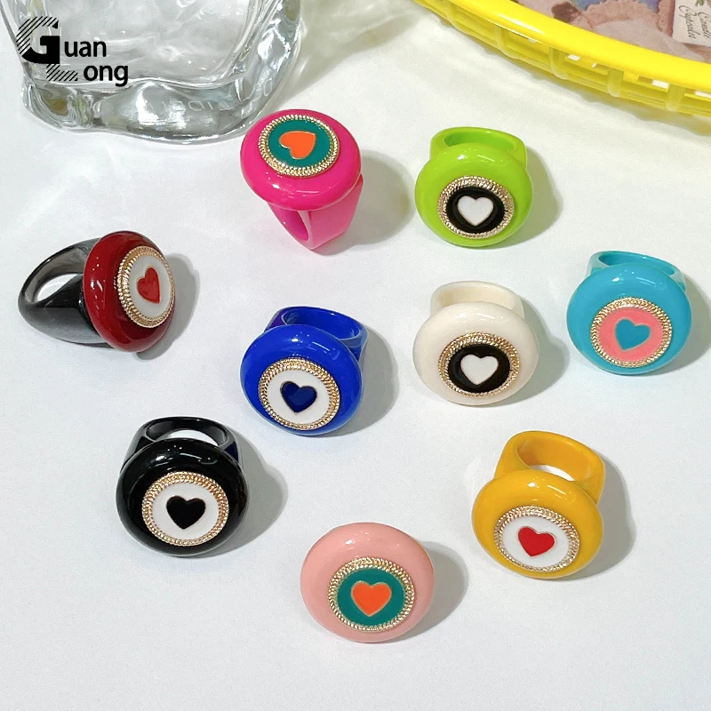 GuanLong New Summer Colourful Resin Acrylic Rings for Women Geometric Round Heart Finger Ring Simple Ins Fashion Jewelry Sets