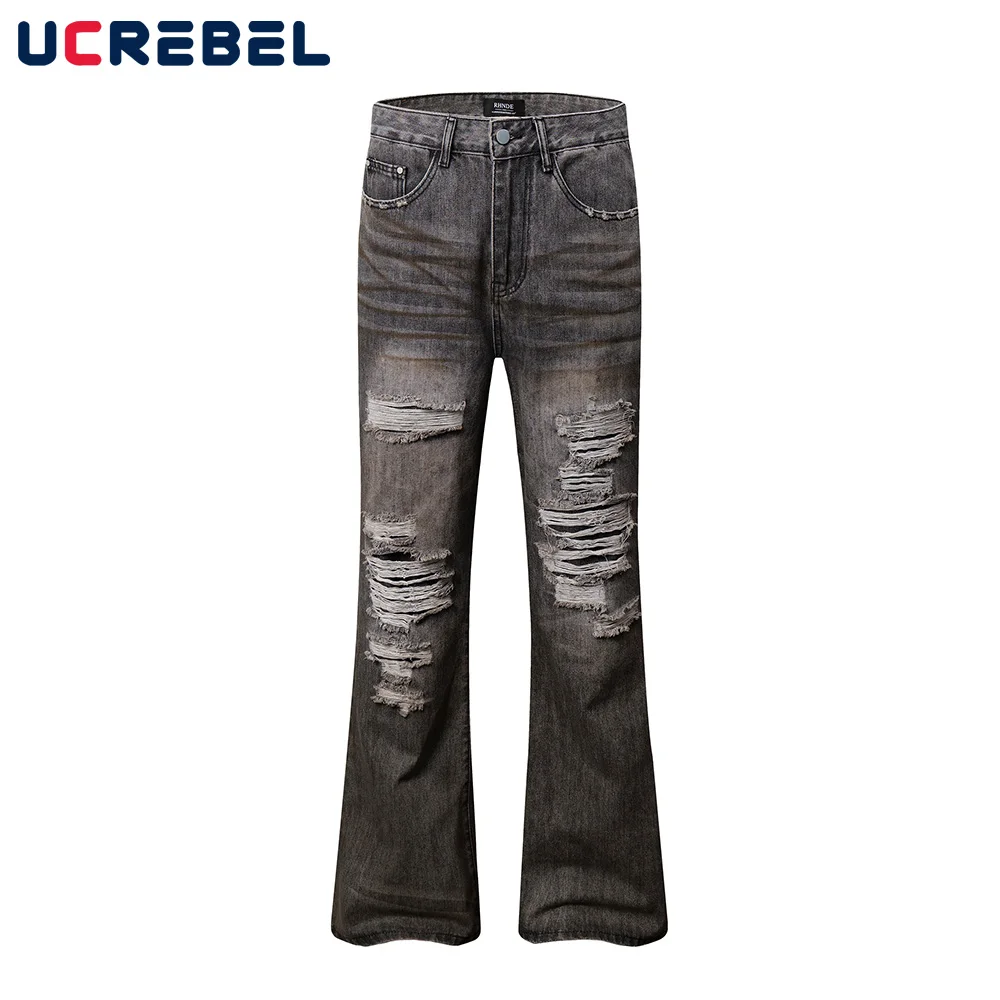 Ripped Washed Distressed Jeans Mens Scratch High Street Loose Straight Denim Flare Pants Men