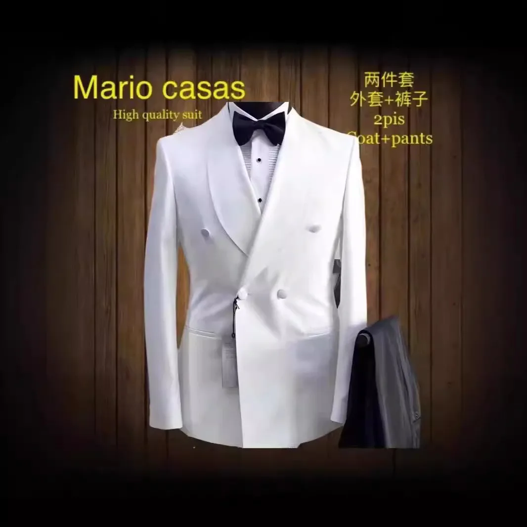Man's Suit Elegant Set Luxury Clothing Designer Boyfriend Slim Fit Male Blazer Wedding Ceremony Dress Ivory Jacket Black Pants - view 4