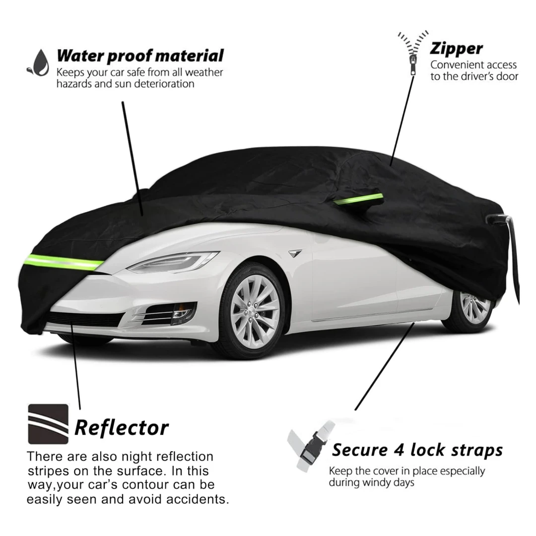 Waterproof 210T Car Covers For Tesla Model 3 Waterproof with Windproof Strap & Single Door Zipper Convenient charging port