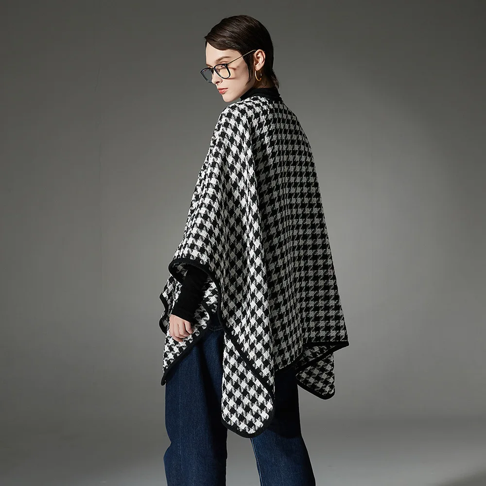 New Arrival Autumn Winter Golden Thread Checkered Shawl Buckle Warm Street Style Women's Woolen Coat Half High Collar Unisex