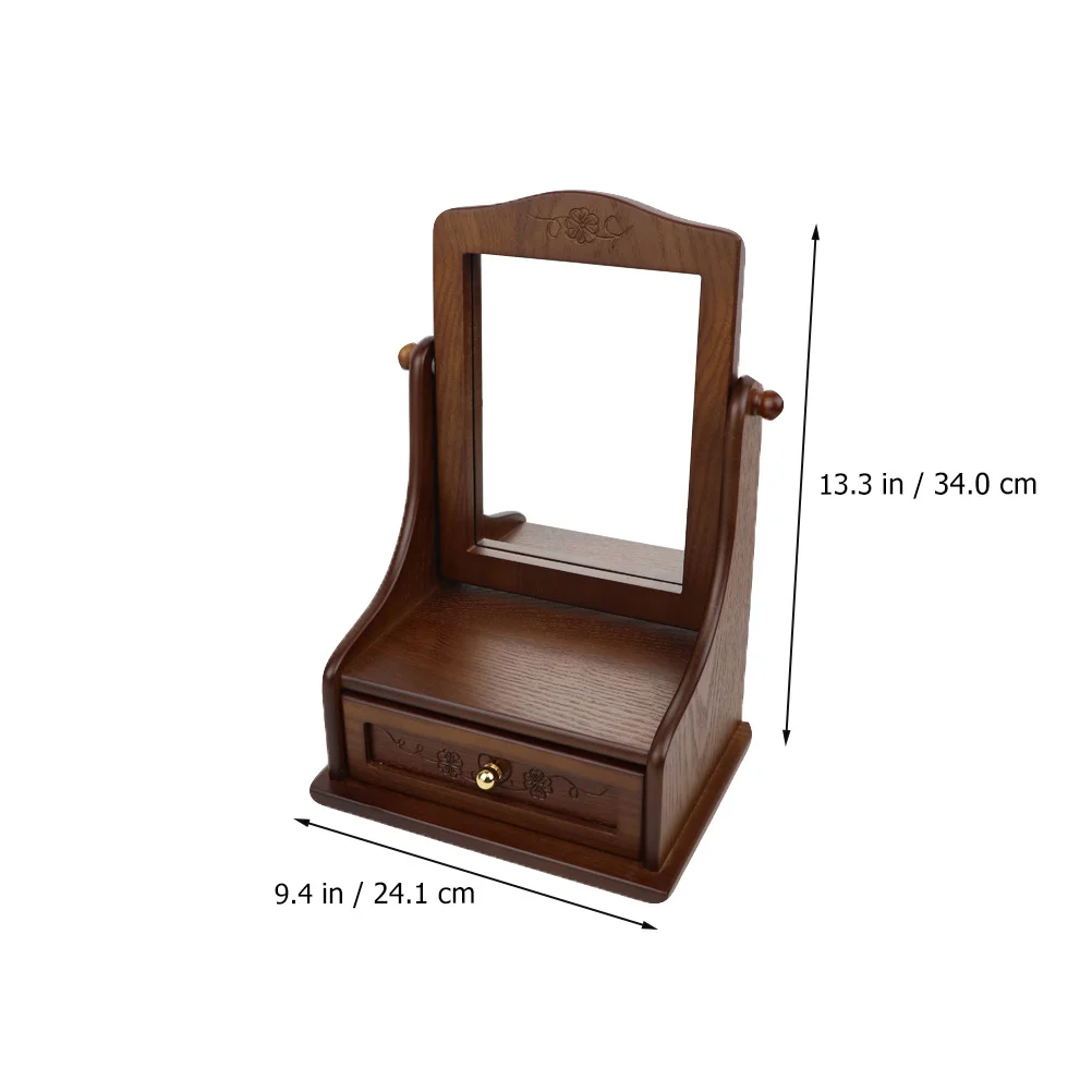 Vintage-Desktop-Kosmetikspiegel, verstellbar, 360 Grad, hohe Klarheit, silbernes Glas, Holzgriff, fein geschnitzt, stehbarer Make-up-Spiegel