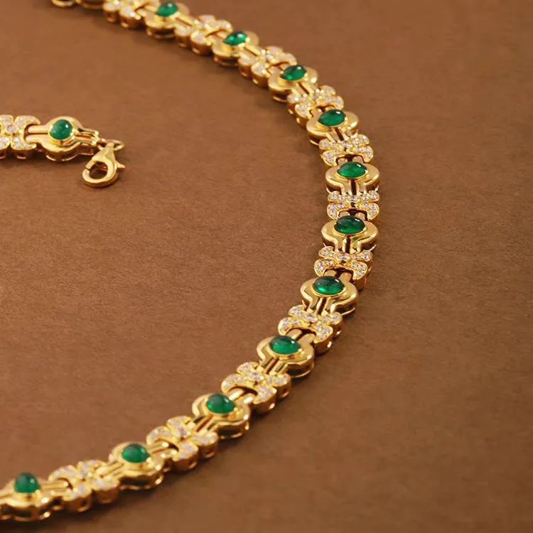 S925 Sterling Silber Halskette, Smaragd-Halskette, Vintage-Design, 18k Gold plattiert, grüner Diamant, Damen – Detail 2