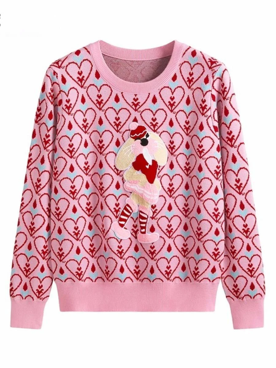 Korean Fashion Cartoon Rabbit Embroidery Sweater Women Knitted Pullover Autumn O-neck Long Sleeve Short Knitwear Tops Jumper