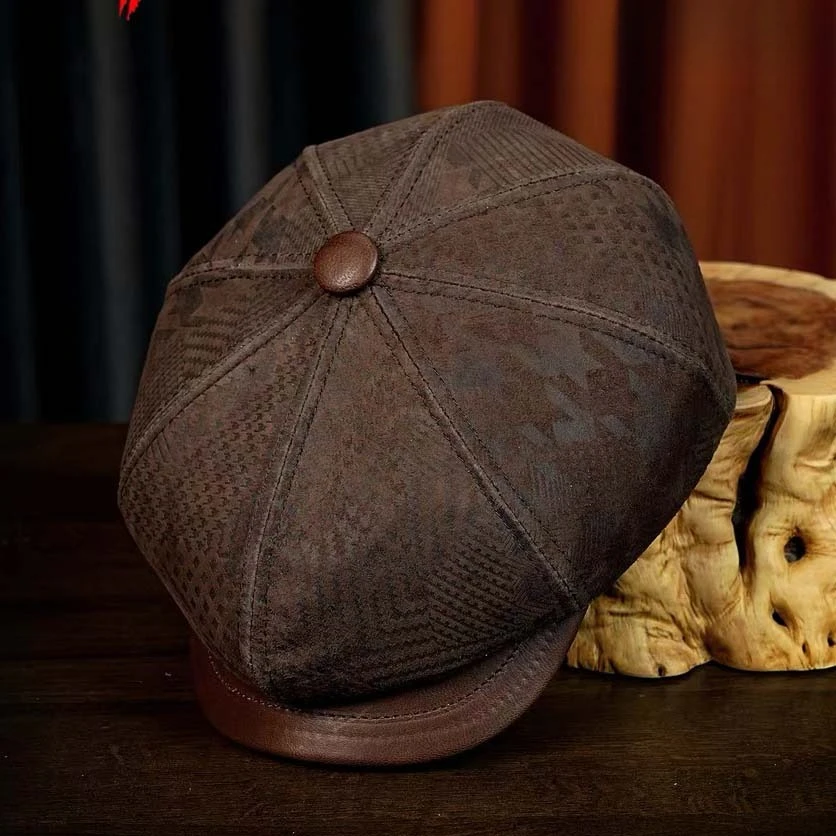 

Casual New Genuine Leather Hat Cap Suede Sheepskin beret Warm winter cotton men padding Print Boina hunting Cap octagonal hat