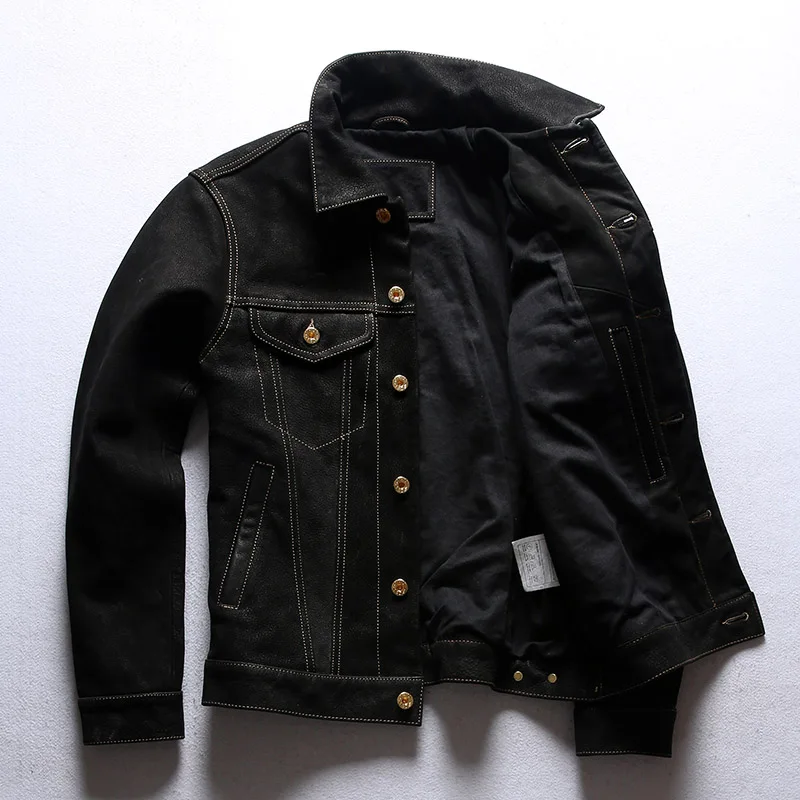 

American Sle Motorcycle Jaet 507 Denim Men's Top Layer Frosted Oil Wax Cowhide Collar ort Genuine Leather Coat