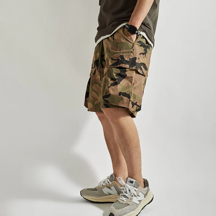 Летние новые тонкие камуфляжные шорты-карго в японском ретро стиле мужская мода 100% хлопковые потертые Свободные повседневные пятиконечные брюки с Кулиской